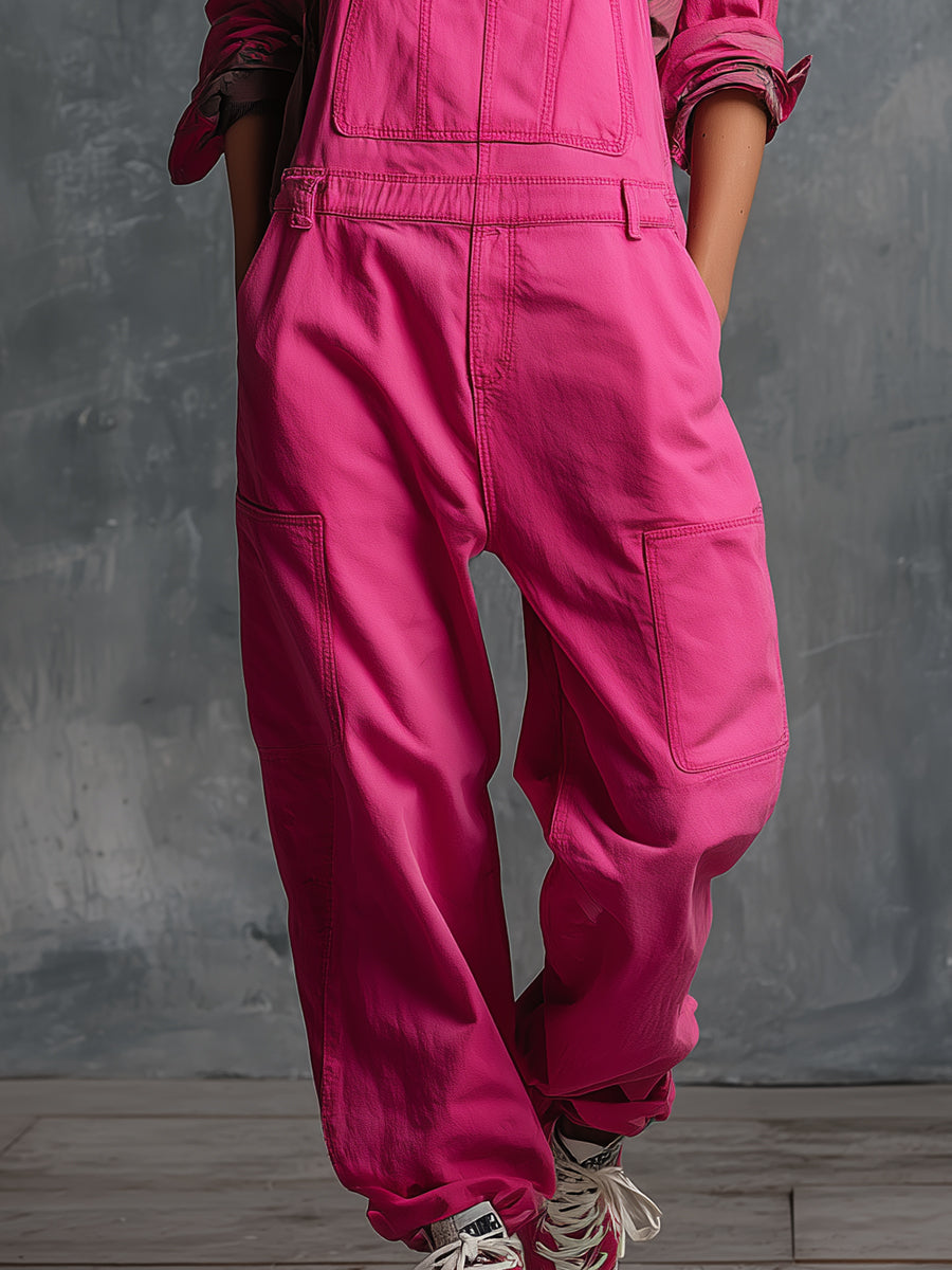 Casual And Stylish Multi-pocket Rose Pink Washed Cotton Overalls