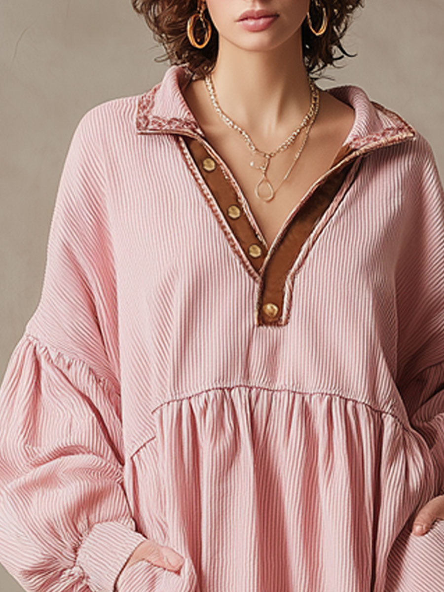 Retro Long-sleeved Pink Corduroy Ribbon Ruffle Mini Dress