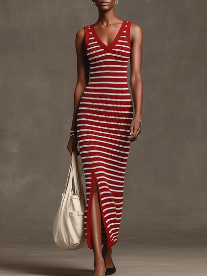 Fashionable Retro Red And White Striped Knit Sleeveless Maxi Dress