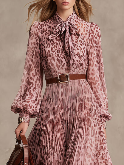 Fashionable Retro Leopard Print Pink Chiffon Pleated Long-sleeved Midi Dress