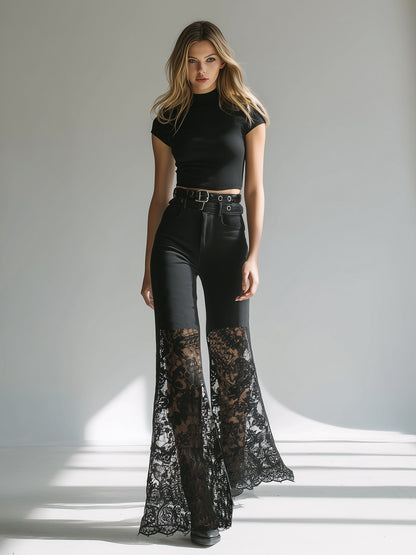 Elegant And Sophisticated Black Cotton Patchwork Lace Wide-leg Pants
