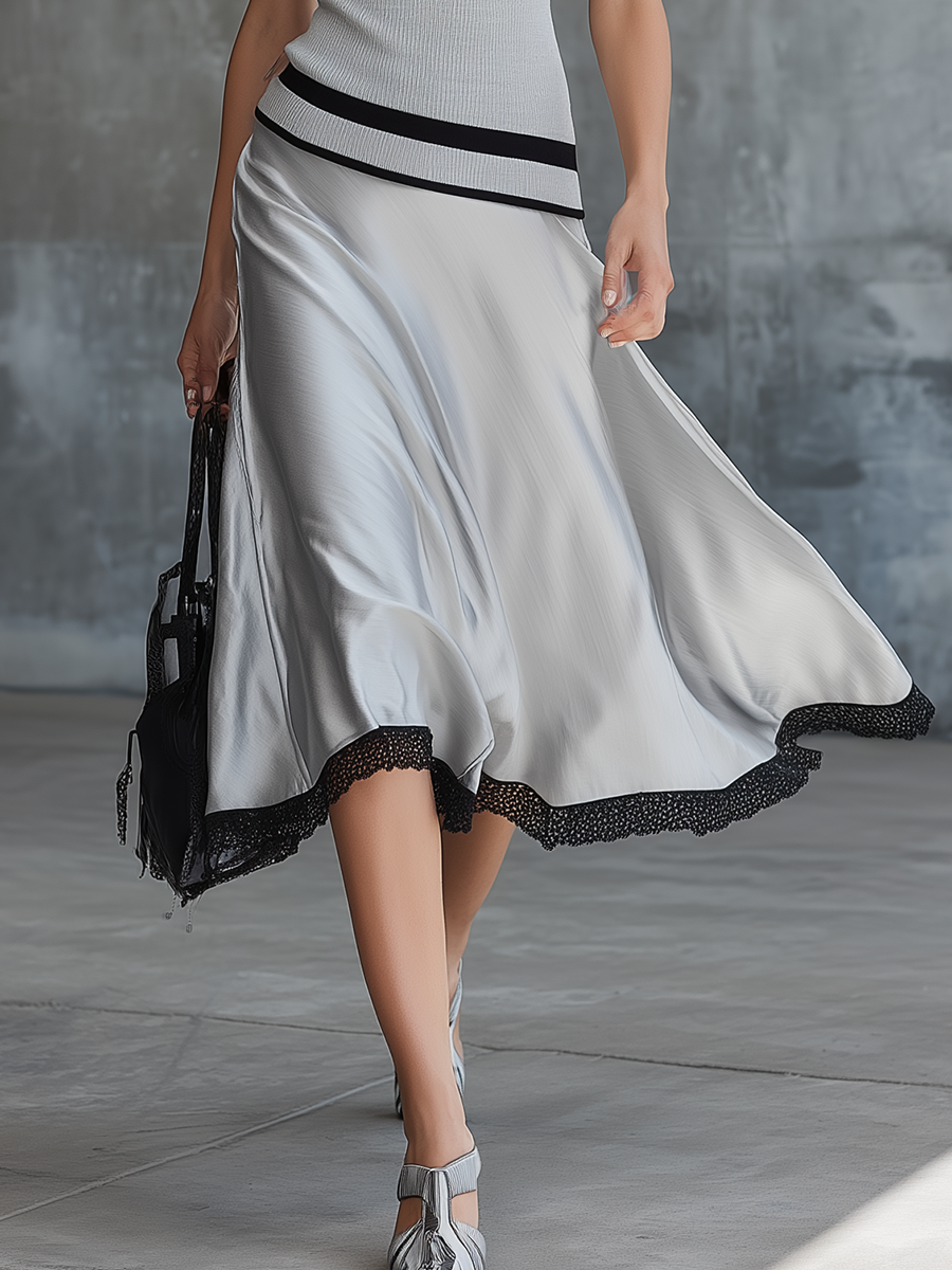 Elegant Round-neck Irregular-hem Knitted Tank Top And Lace-trimmed Satin Skirt Set