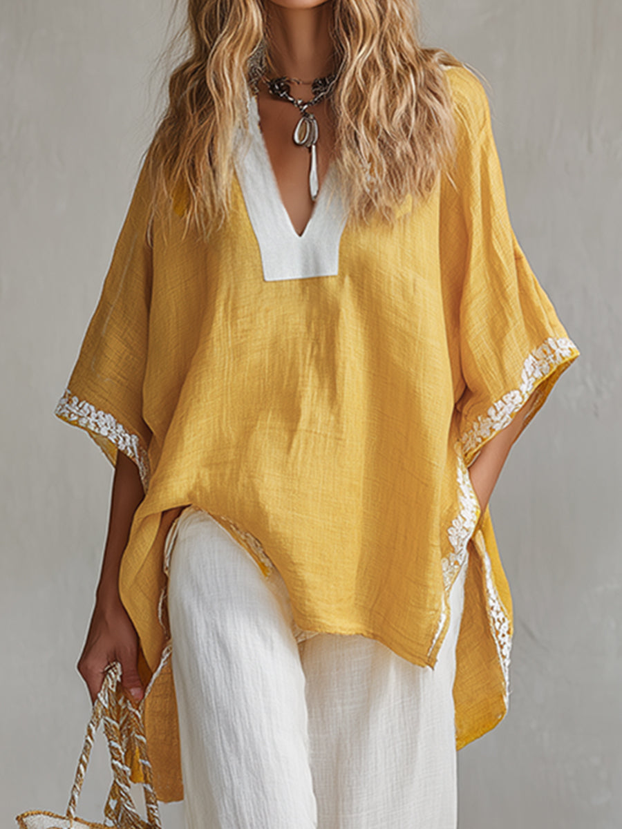 Minimalist Urban Style Color-blocked Cotton And Linen T-shirt And Wide-leg Pants Set