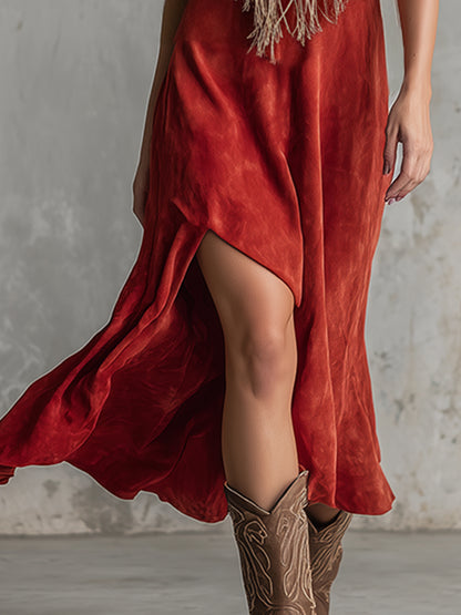 Western-style Sexy Red Faux Suede Halter Neck Backless Sleeveless Midi Dress