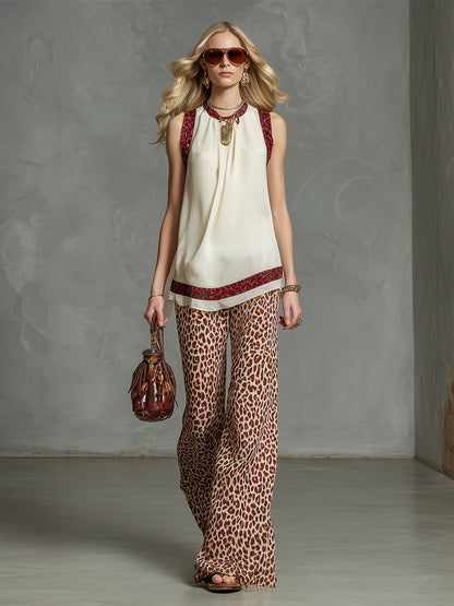 Stylish And Elegant Beige Chiffon Top And Leopard Print Trousers Set
