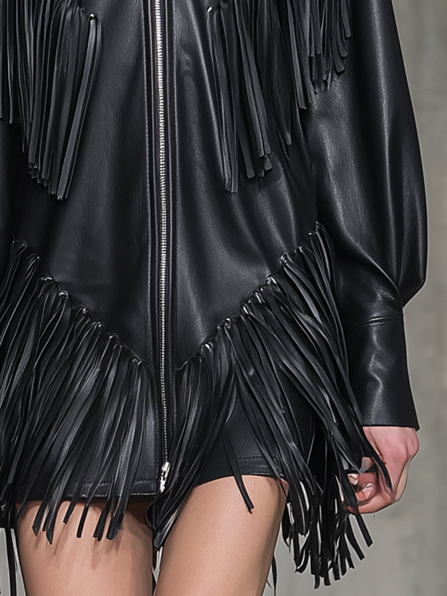 Western-style Faux Leather Zip-up  With Fringe Details Mini Dress