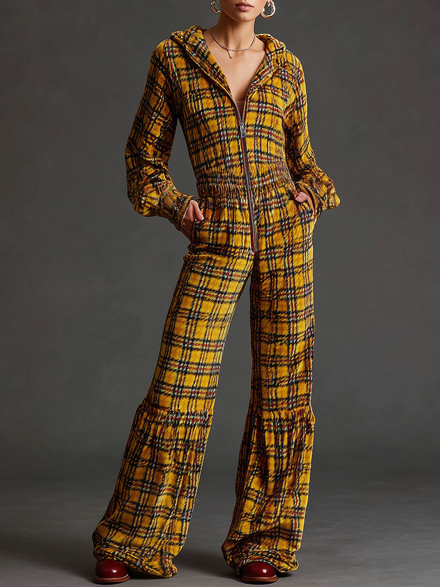 Casual Retro Plaid Yellow Velvet Long-sleeved Hooded Wide-leg Jumpsuit