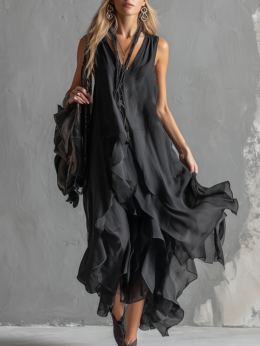 Urban Silhouette Black Chiffon Double-layered Skirt Sleeveless Maxi Dress