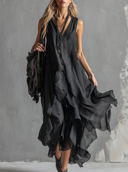 Urban Silhouette Black Chiffon Double-layered Skirt Sleeveless Maxi Dress