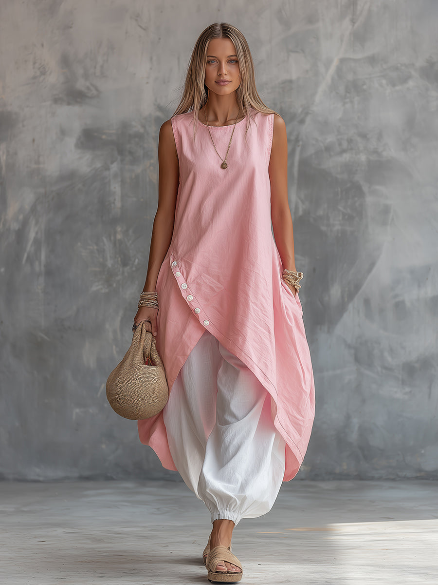 Retro Casual Vacation Asymmetrical Hem Top And Harem Pants Set