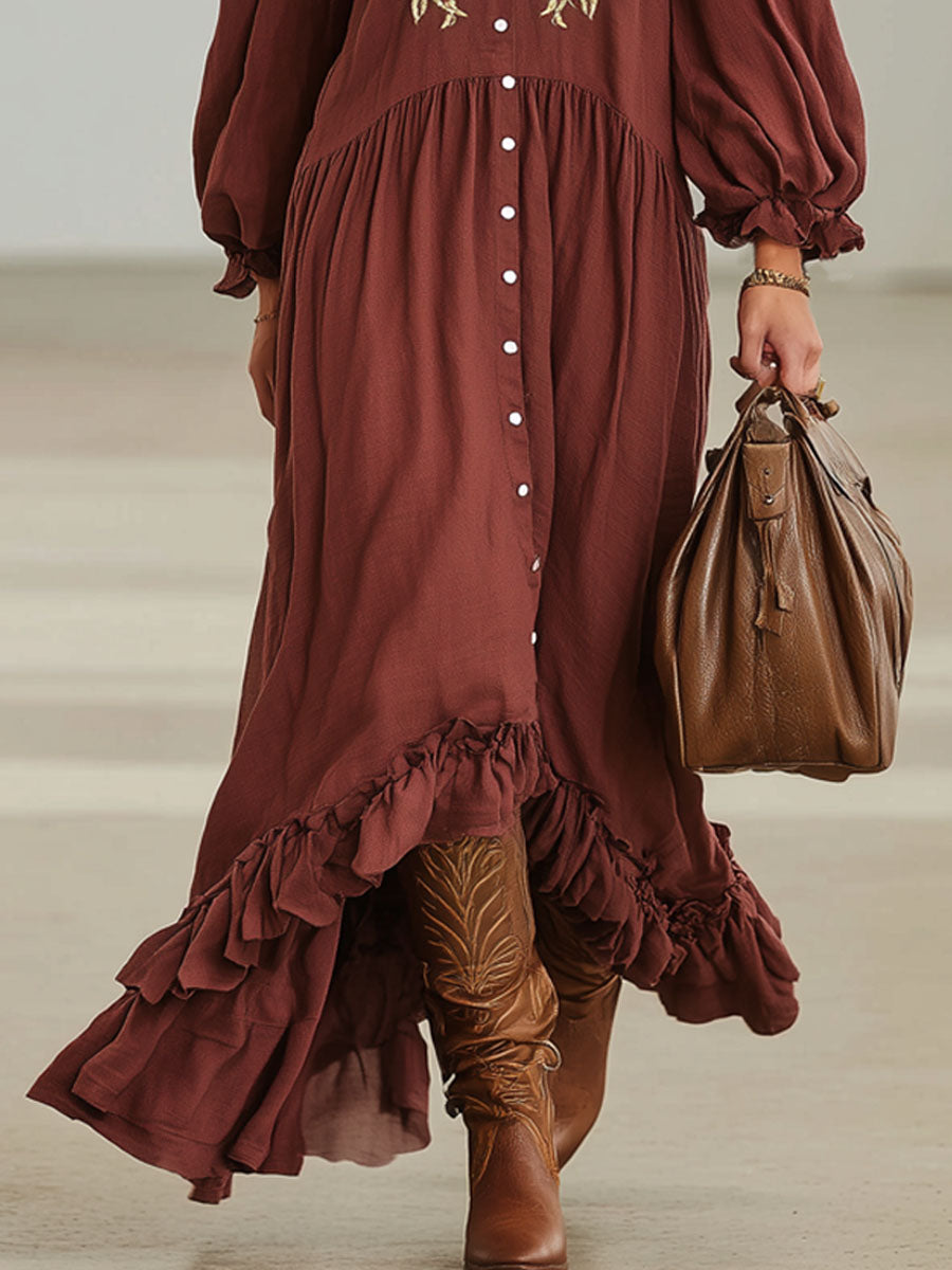 Bohemian Style Floral Embroidered Lapel Single-breasted Cotton Linen Maxi Dress