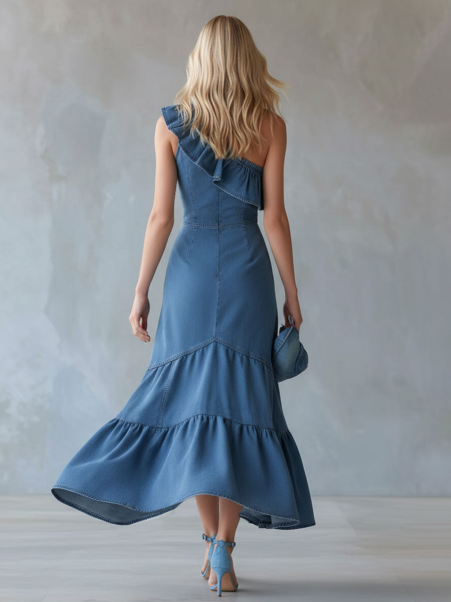 One-shoulder Ruffled Sleeveless Denim Maxi Dress