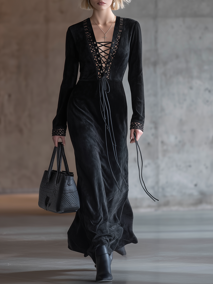 Chic Western-style Lace-up Black Faux Suede Maxi Dress