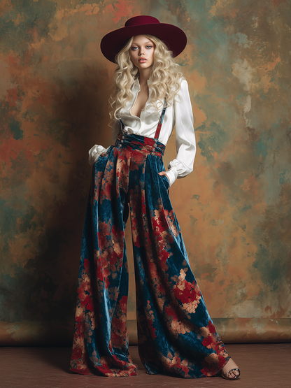 Retro-chic Printed Velvet Wide-leg Overalls