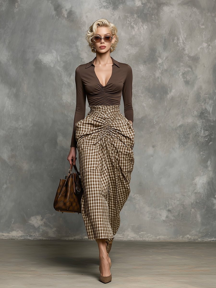 Retro Western Style Stylish Pleated V-Neck Brown T-Shirt