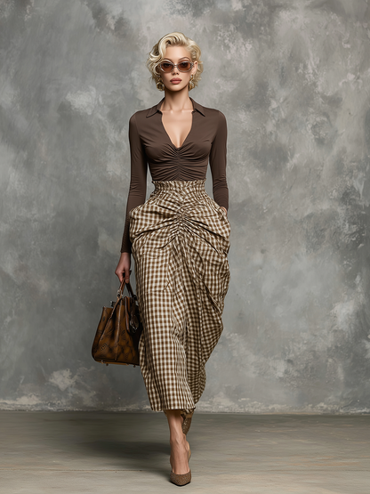 Retro Western Style Stylish Pleated V-Neck Brown T-Shirt