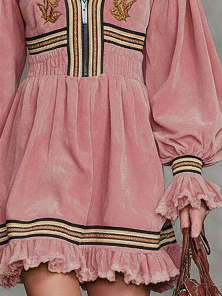 Western-style Floral Embroidered Stand-collar Zippered Ruffle Faux Suede Mini Dress