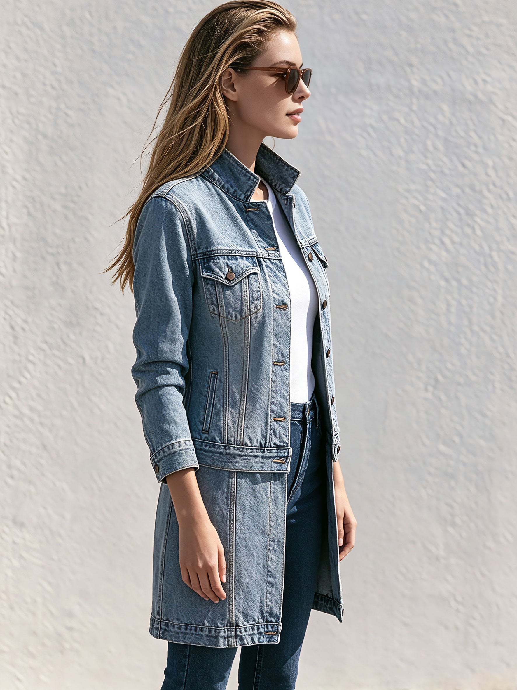Retro Stand-up Collar Zipper Washed Denim Blue Faux Two-piece Coat