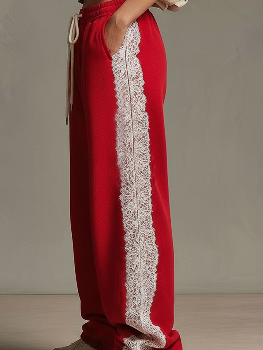 Sporty Retro Lace Red Cotton Blend Wide-leg Pants