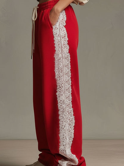 Sporty Retro Lace Red Cotton Blend Wide-leg Pants