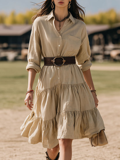 Western-style Loose-fitting Khaki Cotton-linen Blend Button-down Midi Dress