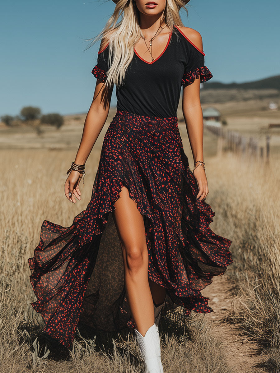 V-neck Off-the-shoulder Short-sleeved Top And Long Skirt Set