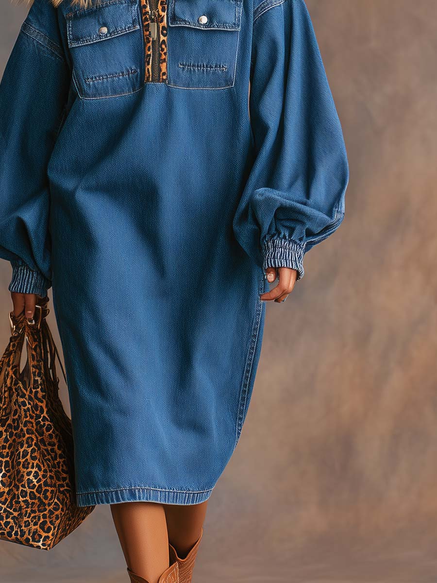 Vintage Fashion Western Leopard Print Lapel Front Zipper Blue Denim Midi Dress