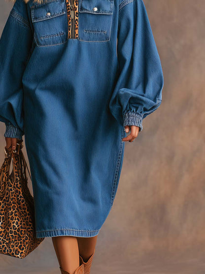 Vintage Fashion Western Leopard Print Lapel Front Zipper Blue Denim Midi Dress