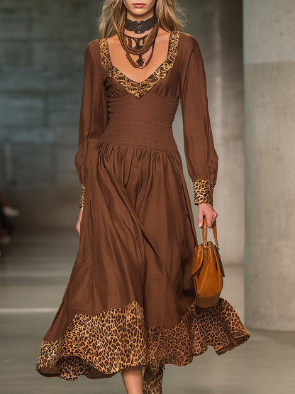 Stylish Brown Midi Dress With V-neck And Leopard Print Detailing At The Waist