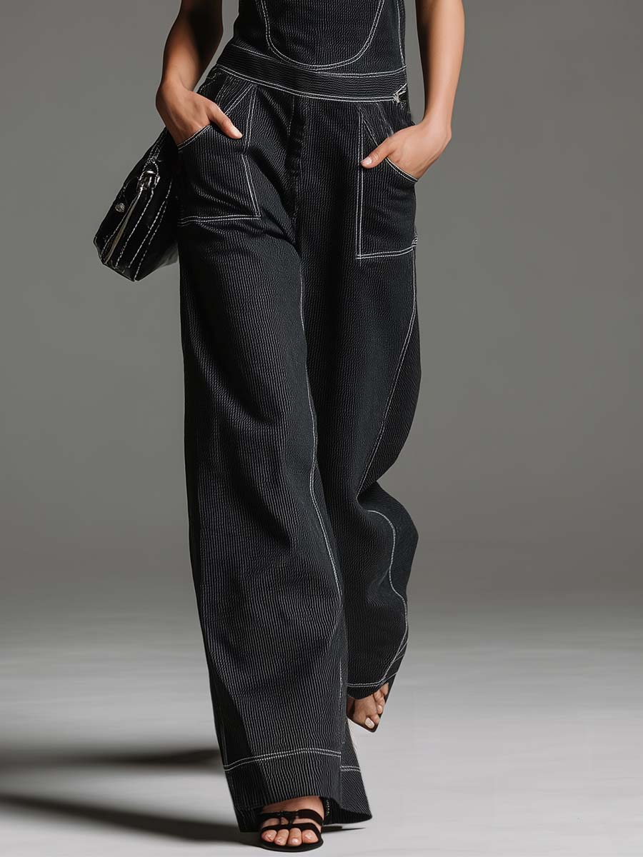 Retro Fashion Casual Black And White Striped Spaghetti Strap Black Denim Jumpsuit Overalls