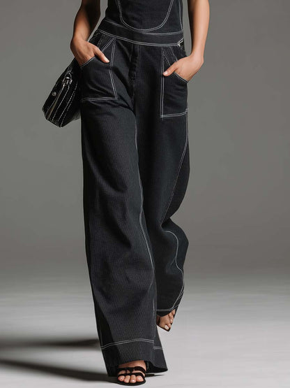 Retro Fashion Casual Black And White Striped Spaghetti Strap Black Denim Jumpsuit Overalls