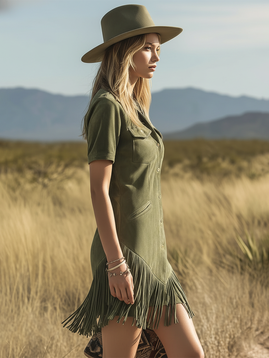 Retro Western-style Lapel Short-sleeved Multi-pocket Faux Suede Mini Dress