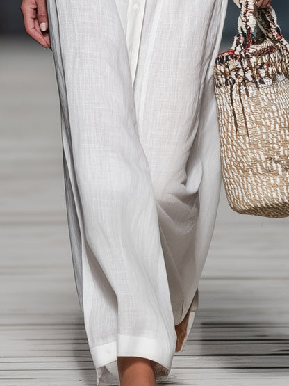 Stylish White Linen V-neck Maxi Dress With American-style Embroidery