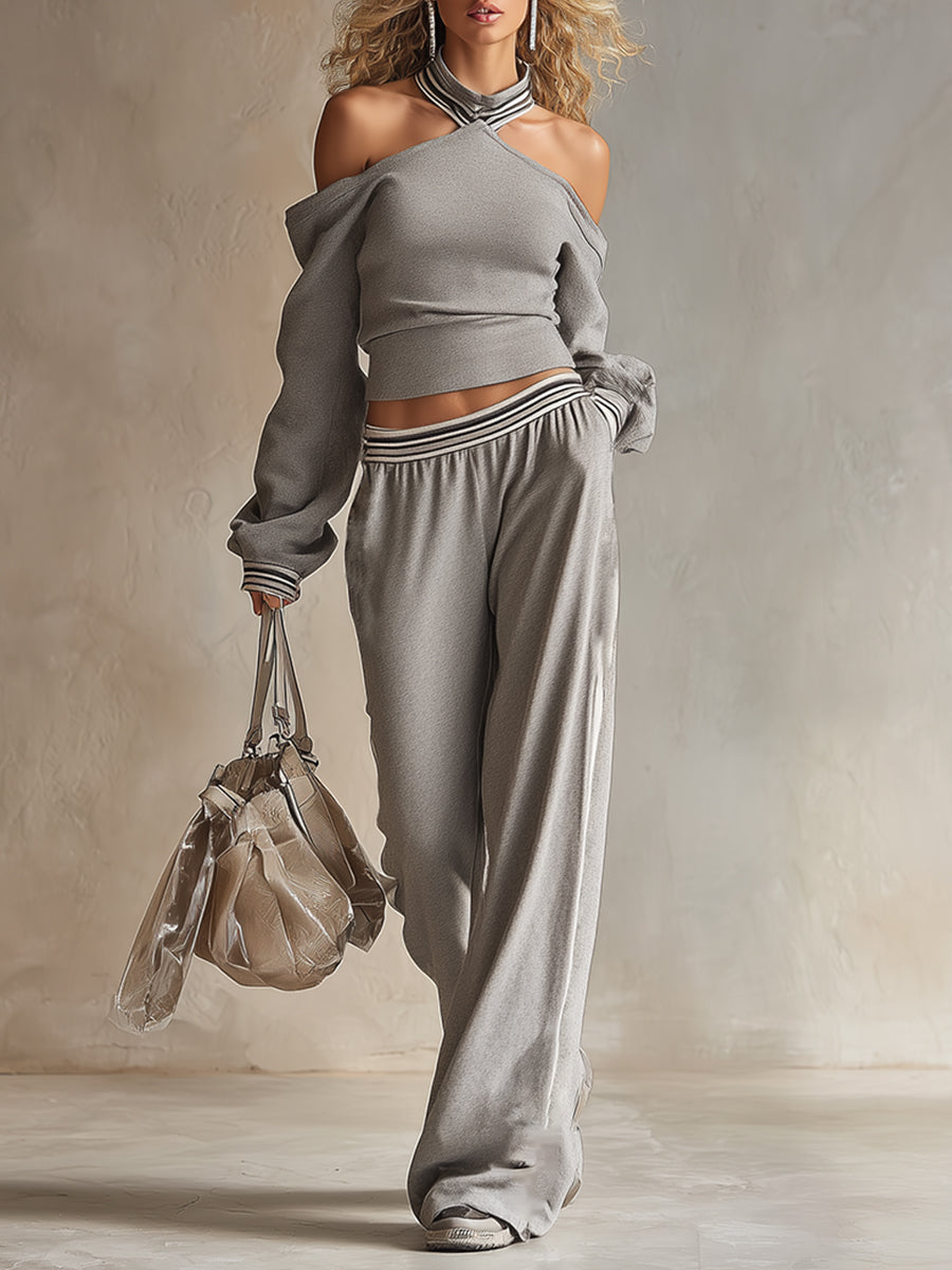 Trendy Retro Sporty Gray Off-shoulder Sweatshirt And Wide-leg Pants Set