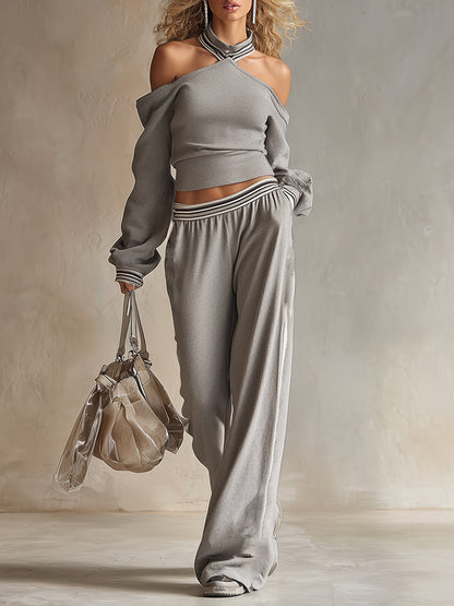 Trendy Retro Sporty Gray Off-shoulder Sweatshirt And Wide-leg Pants Set