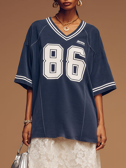 Sporty Retro Letter Short-Sleeve Dark Blue Cotton T-Shirt And Lace Skirt Set