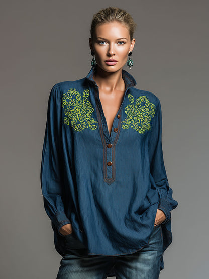Western Retro Embroidered Blue Denim Shirt
