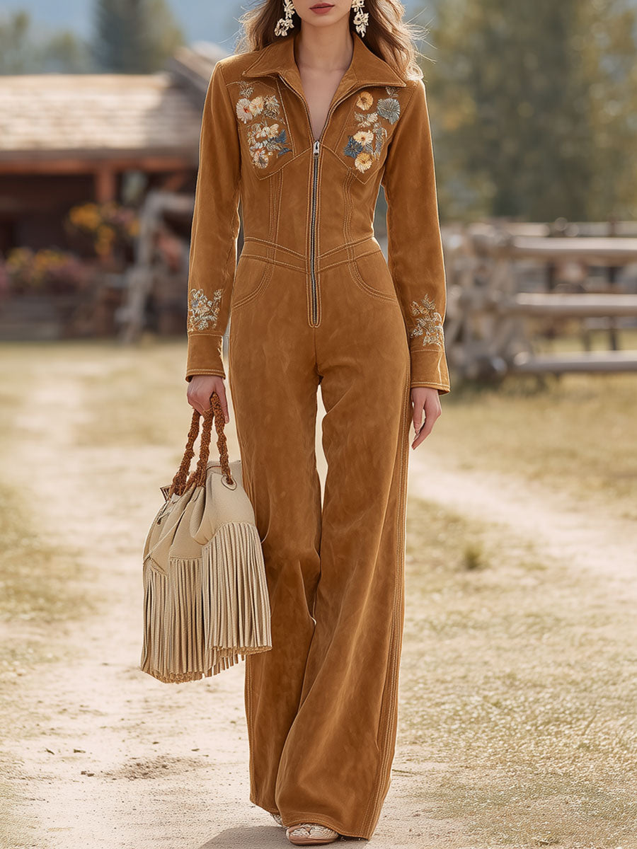 Western Retro Camel Faux Suede Embroidered Long-Sleeved Wide-Leg Jumpsuit