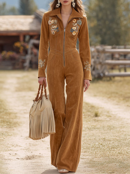 Western Retro Camel Faux Suede Embroidered Long-Sleeved Wide-Leg Jumpsuit