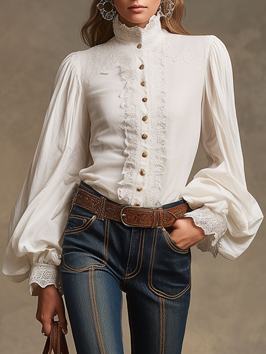 Western Retro White Lace Cotton Long-Sleeved Shirt