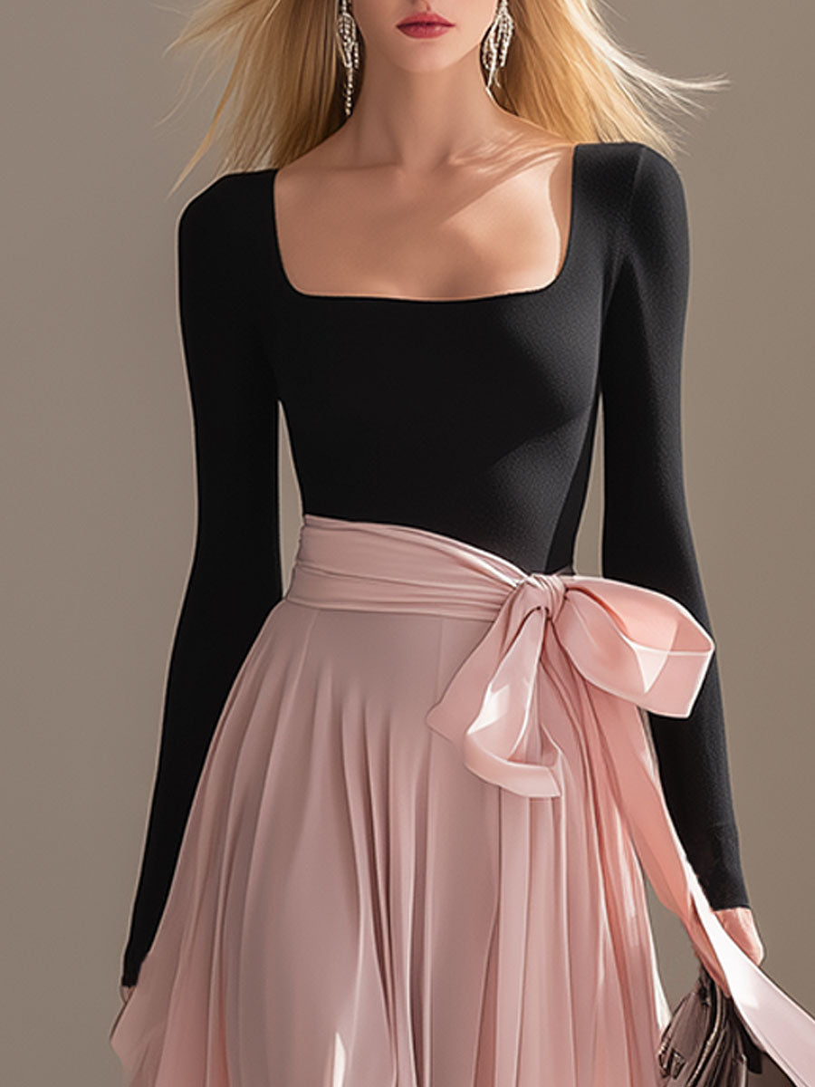 Stylish And Elegant Black Top And Pink Chiffon Skirt Set