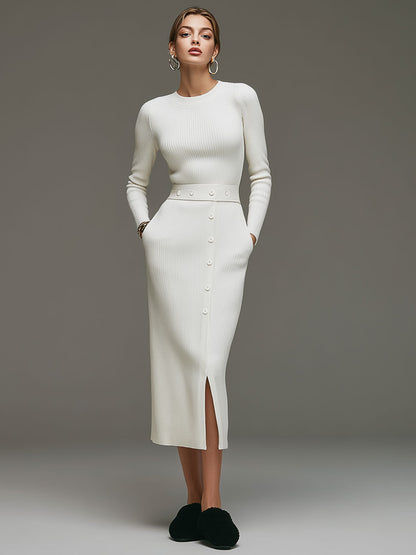 Fashionable Retro White Knitted Long-sleeved Slit Midi Dress
