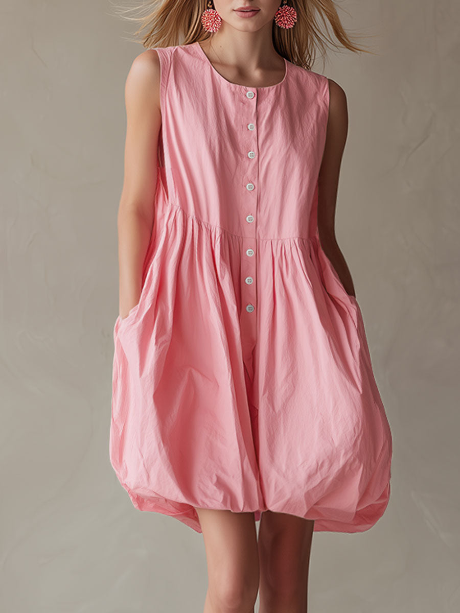 Stylish And Casual Pink Button Cotton Mini Dress