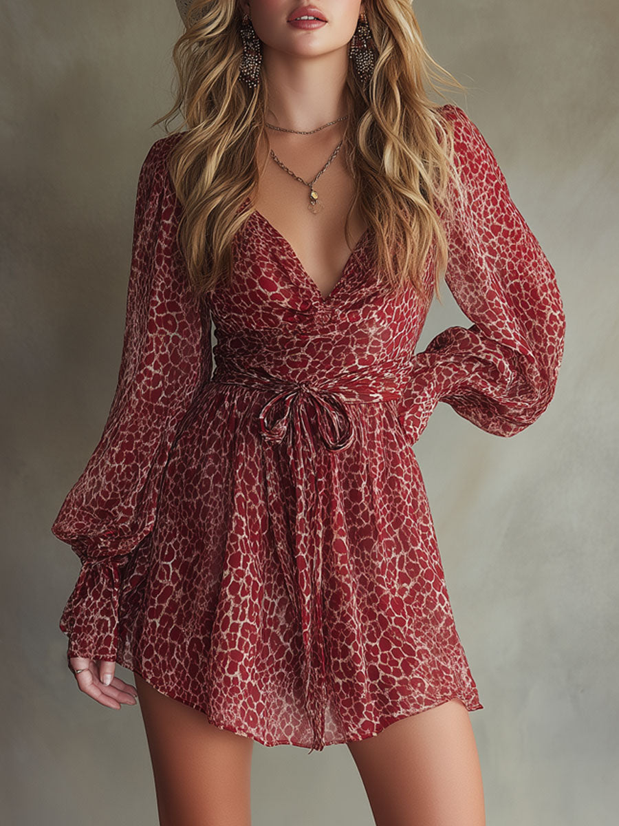 Retro-style Vacation Red Leopard Print Chiffon Long-sleeved Mini Dress