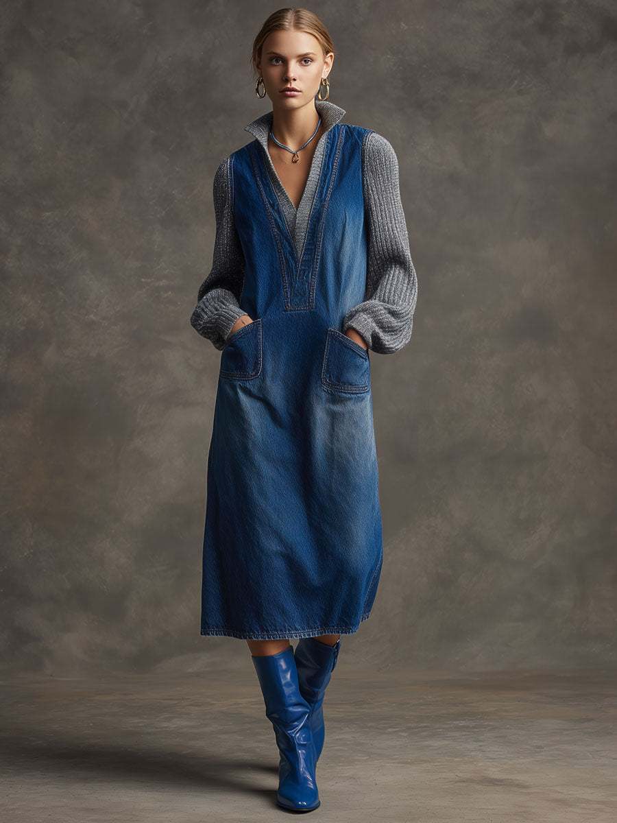 Casual Retro Long-sleeved Gray Knit Patchwork Blue Denim Midi Dress
