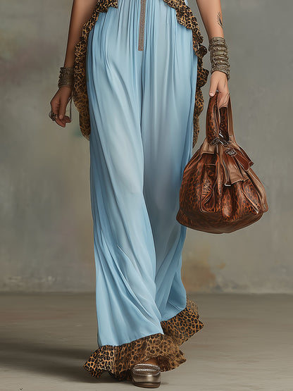 Retro Sporty Style V-neck Ruffled Sleeveless Chiffon Jumpsuit