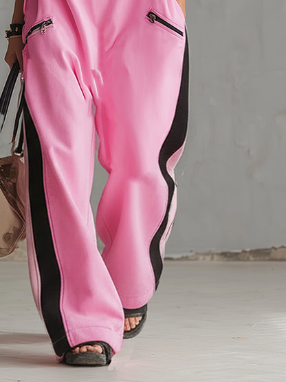 Casual Urban Style Sporty Pink Cotton Loose-fitting Sleeveless Jumpsuit