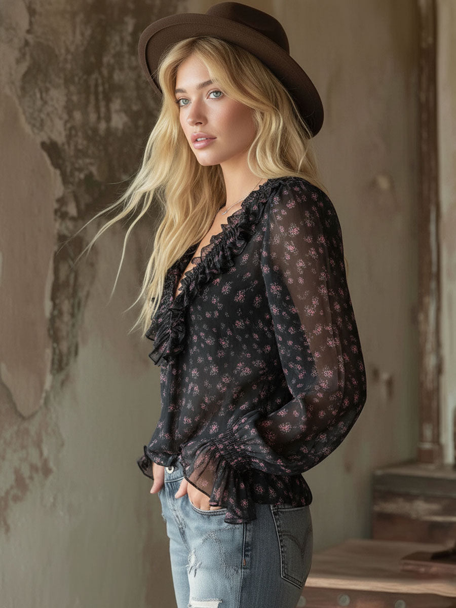 V-neck Ruffled Floral Chiffon Long-sleeved Shirt