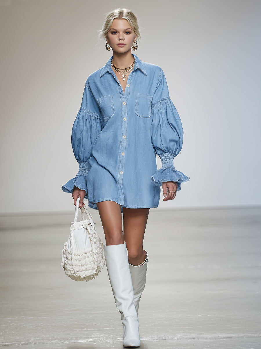 Lapel Collar Single-breasted Dropped-shoulder Puff-sleeved Denim Mini Dress