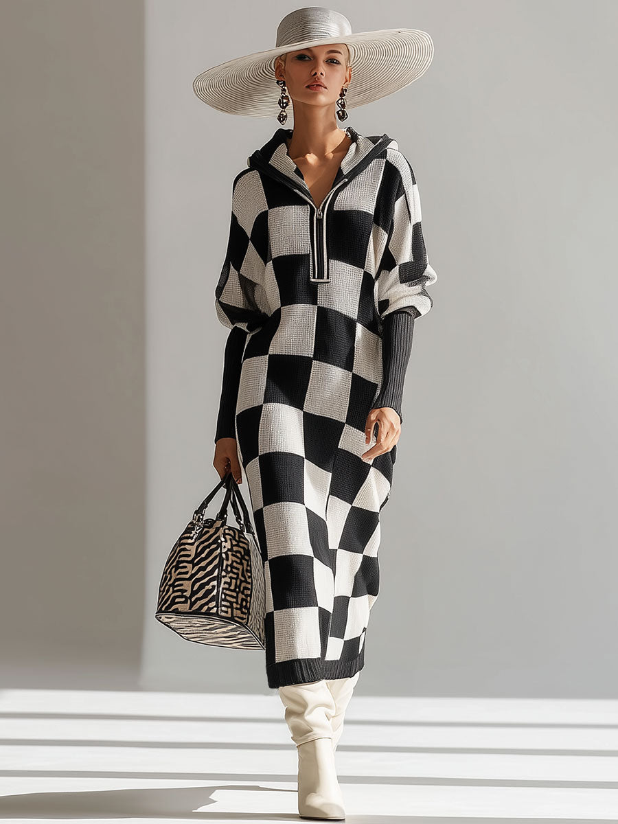 Fashionable Retro Black And White Checkered Hooded Knit Midi Dress